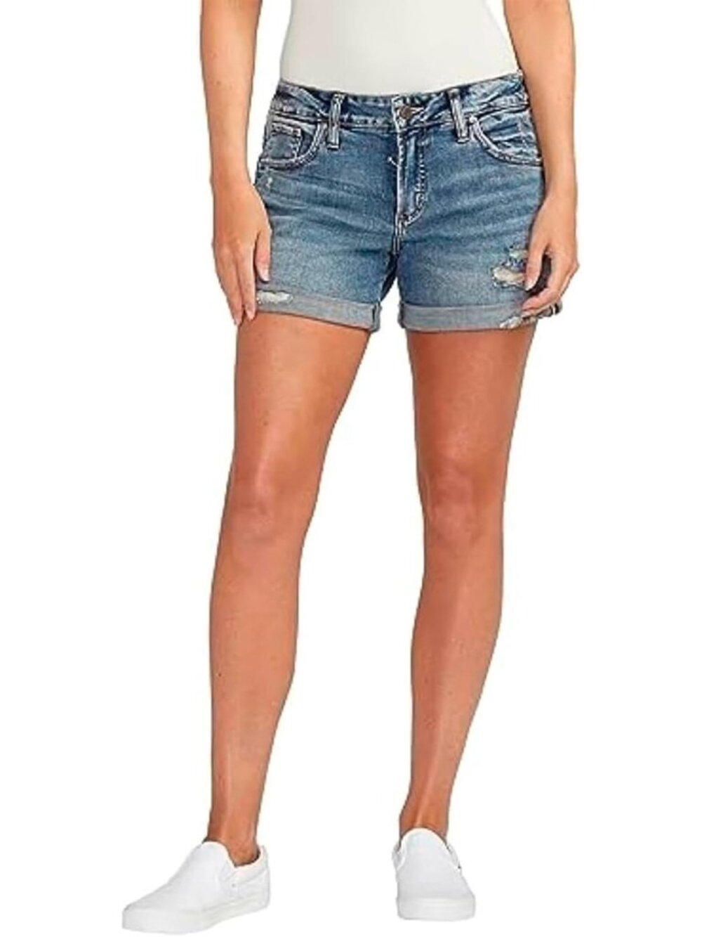 Stylish Women's Mid Rise Boyfriend Shorts in Silver Wash - Perfect Summer